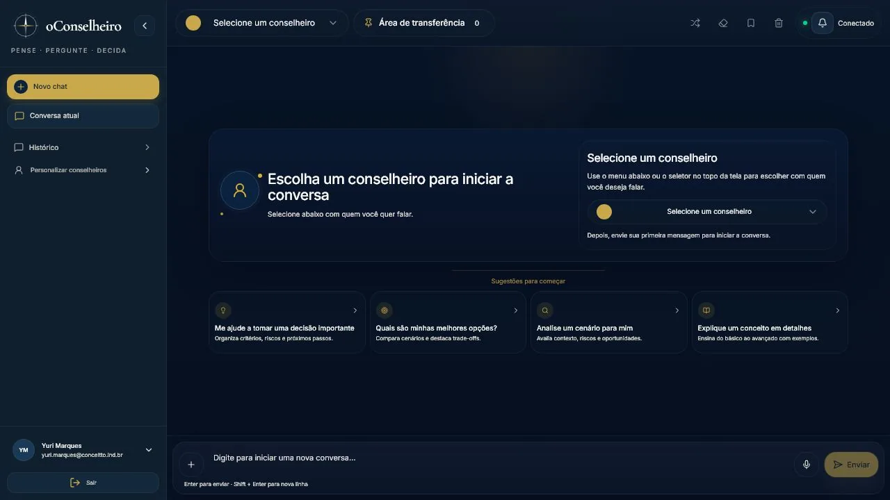 Tela real de uma nova conversa no oConselheiro